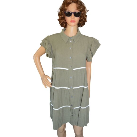 NWT She & Sky Womens Linen Blend Ruffle Sleeve Dress Olive Green Size Medium - Picture 2 of 10